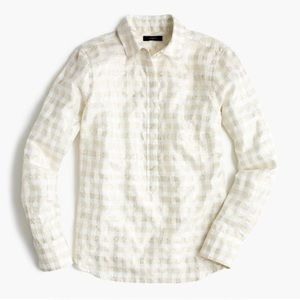 J Crew ivory gold silver metallic plaid popover shirt Sz 2